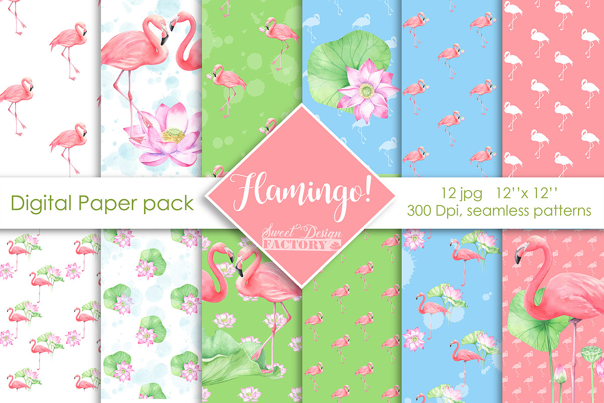 Flamingo digital paper pack. in Patterns - product preview 8