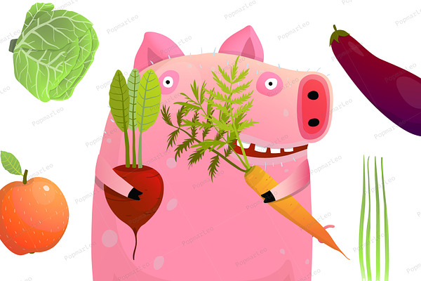 Cute Pig Eating Smart Vegetable Diet