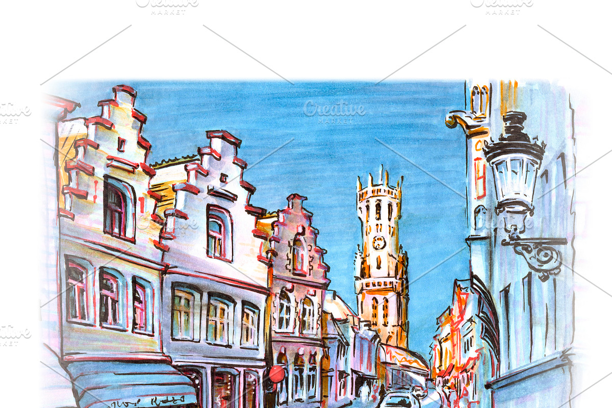 Street and Belfort in Bruges in Illustrations - product preview 8