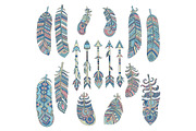 Colored tribal feathers. Arrow with