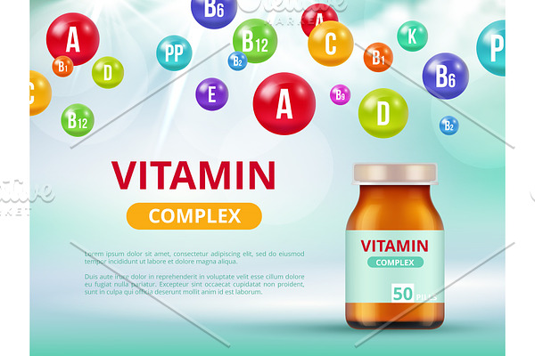 Vitamins poster. Medical bottles