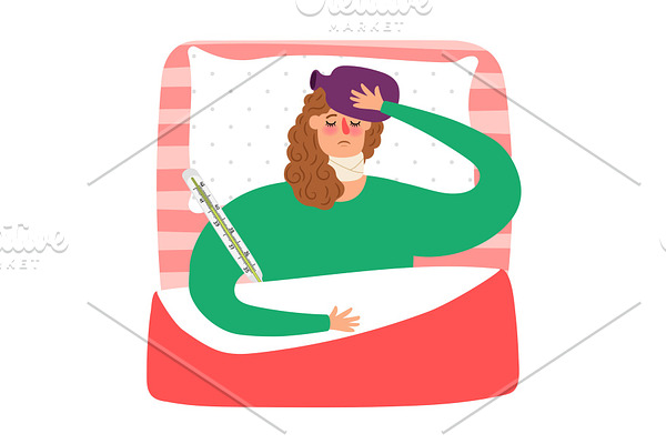 Cartoon sick woman lying in bed with