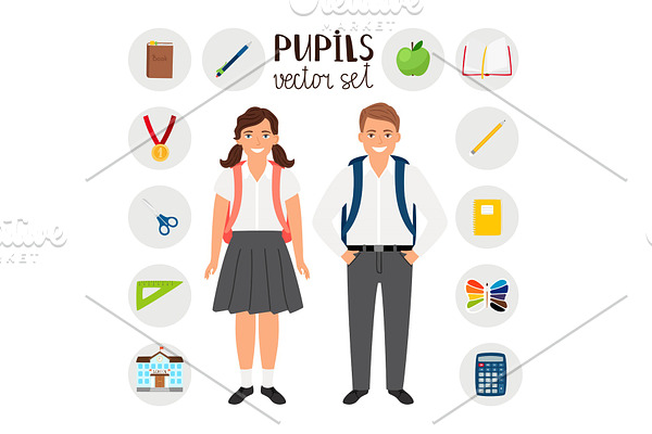 Pupils boy and girl. Icons set tools