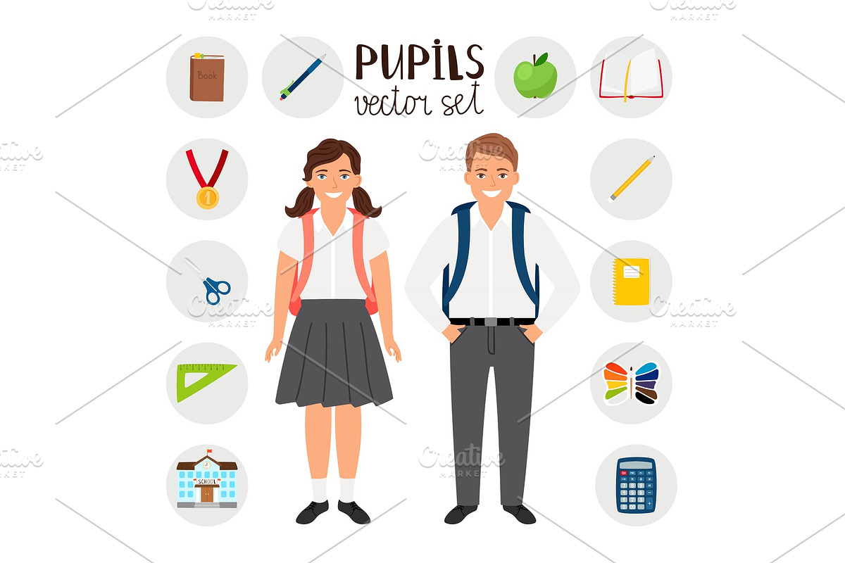 Pupils boy and girl. Icons set tools in Graphics - product preview 8
