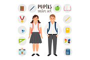 Pupils boy and girl. Icons set tools