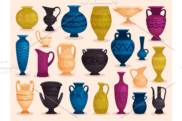 Set of colored antique vases. Vector
