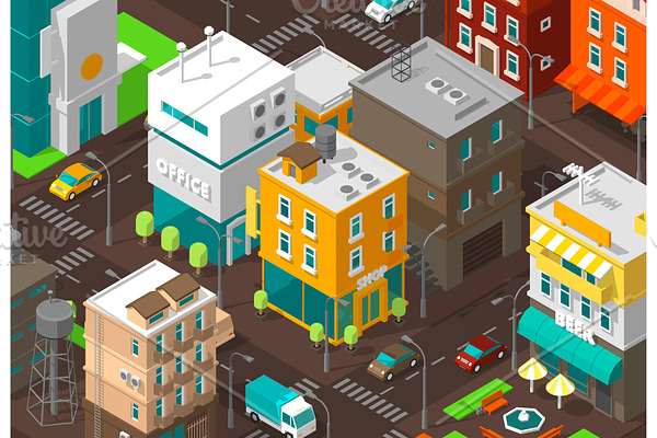 Town district street. Isometric road