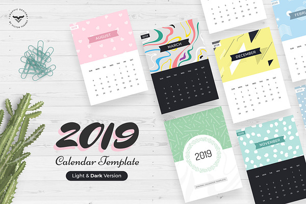 2019 Calendar Light, Dark Version II