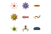 Viruses icons set, cartoon style