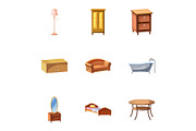 Home furniture icons set, cartoon