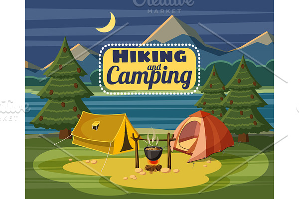 Camping concept, cartoon style