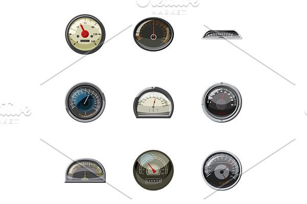 Types of speedometers icons set