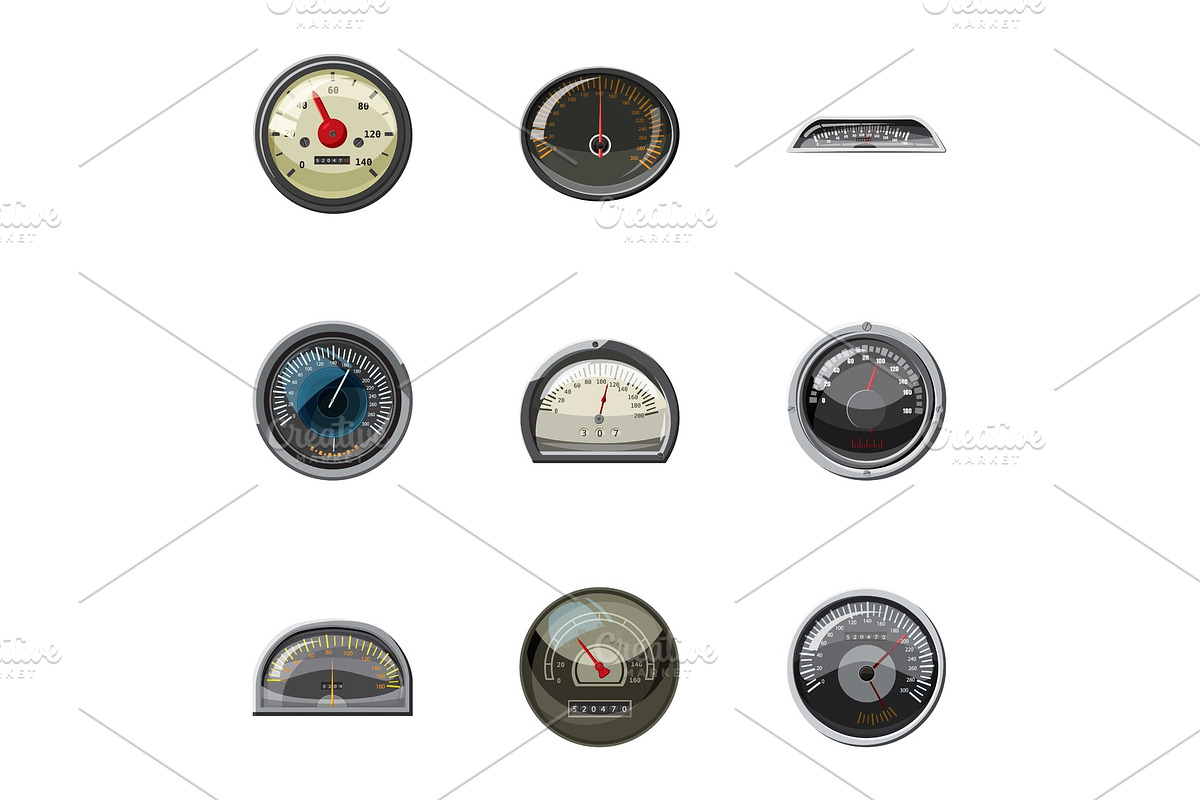Types of speedometers icons set in Objects - product preview 8