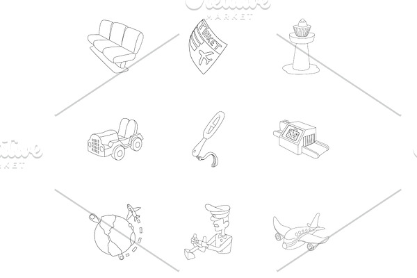 Arrive at airport icons set, outline