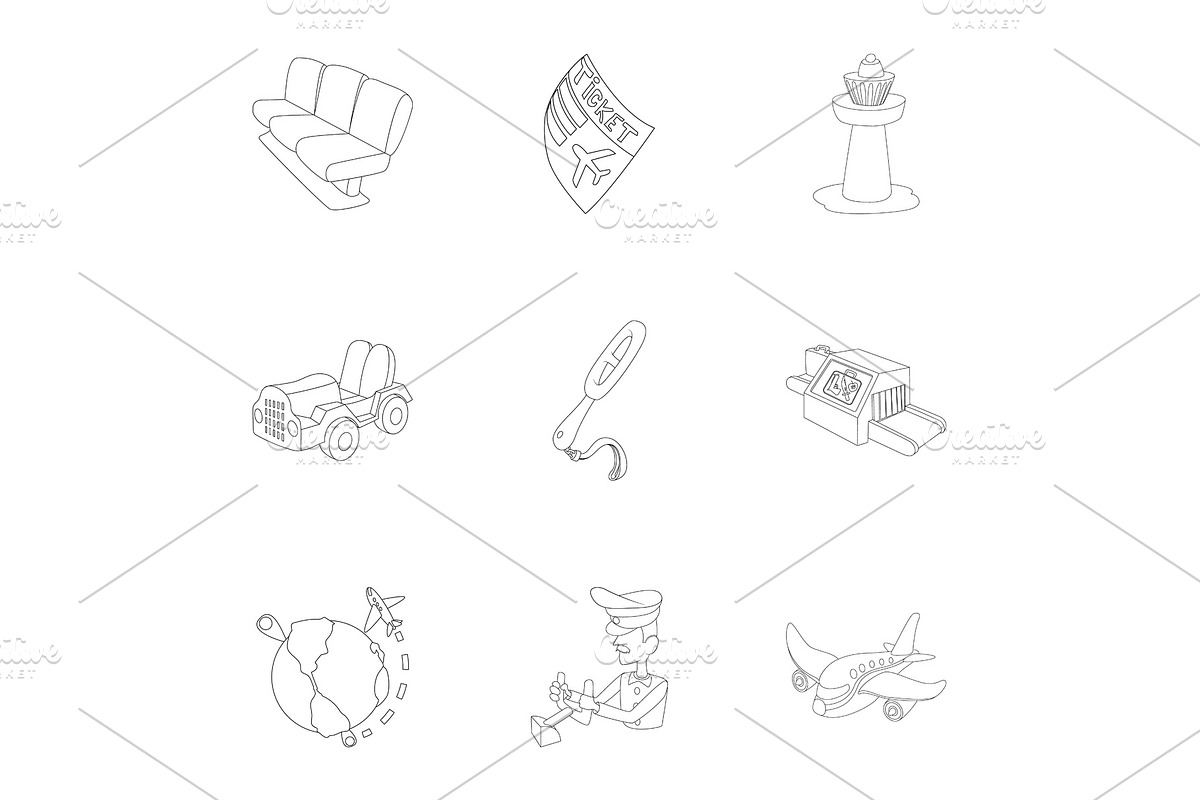 Arrive at airport icons set, outline in Illustrations - product preview 8