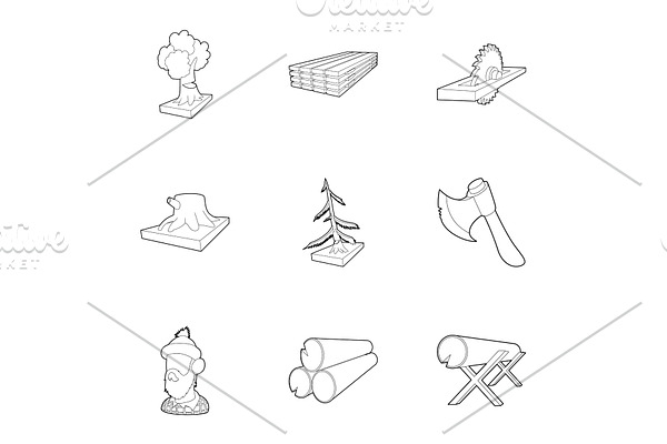 Cutting of trees icons set, outline