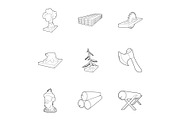 Cutting of trees icons set, outline