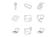 Computer repair icons set, outline