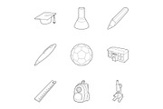 Schoolhouse icons set, outline style