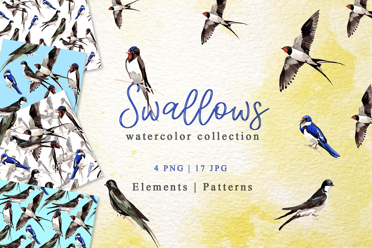 Swallows Watercolor png in Illustrations - product preview 8