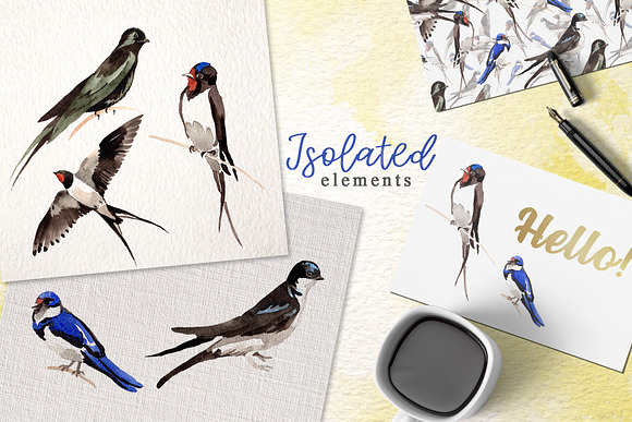 Swallows Watercolor png in Illustrations - product preview 3