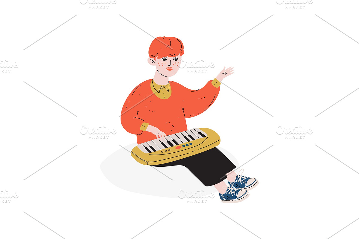 Boy Playing Toy Synthesizer, Hobby in Illustrations - product preview 8