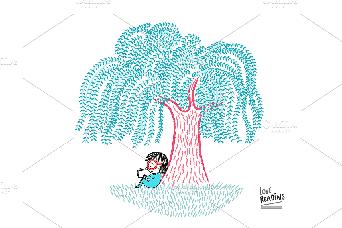 Love reading! Under a willow tree in Illustrations - product preview 8