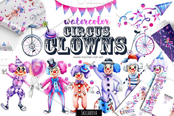 Circus clowns. Watercolor clip art.