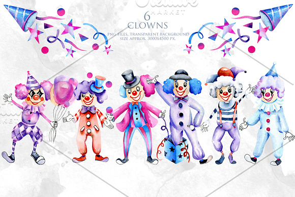 Circus clowns. Watercolor clip art. in Illustrations - product preview 1