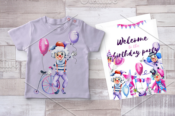 Circus clowns. Watercolor clip art. in Illustrations - product preview 7