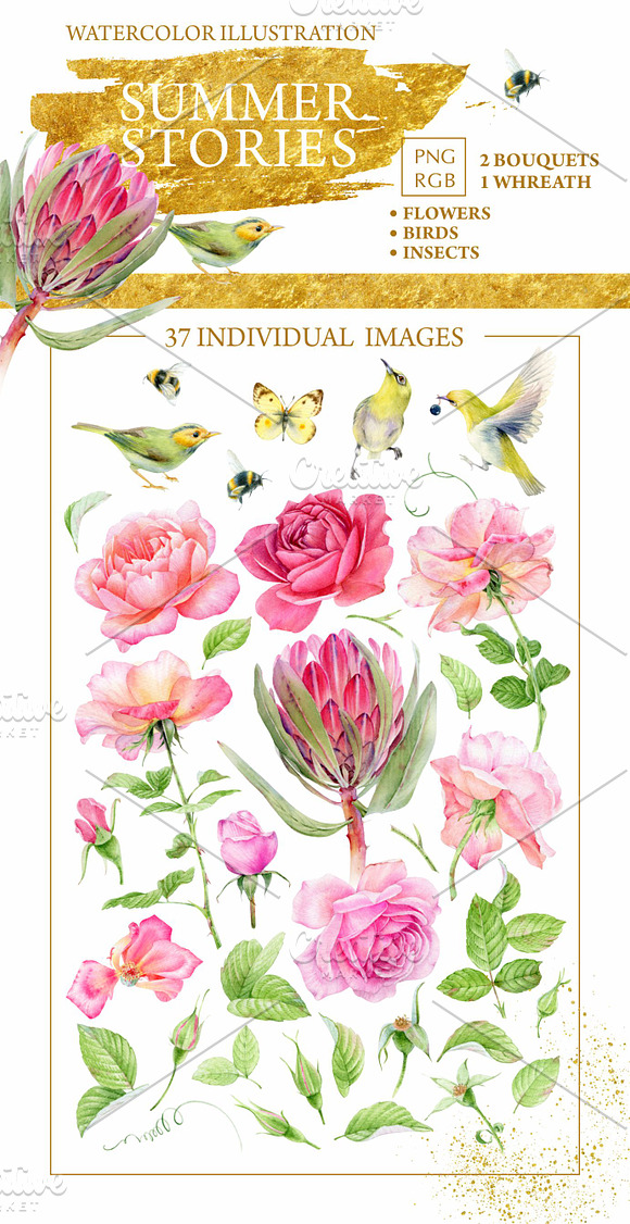 Watercolor summer flowers in Illustrations - product preview 1