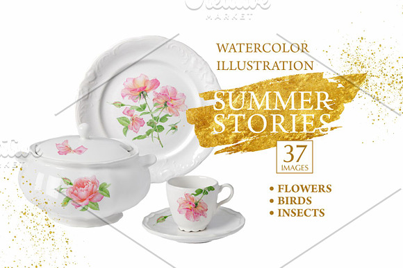 Watercolor summer flowers in Illustrations - product preview 3