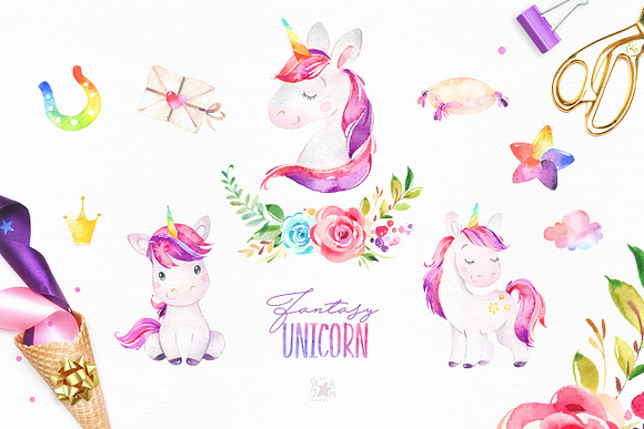 Fantasy Watercolor Unicorn in Illustrations - product preview 1