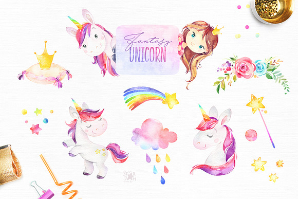 Fantasy Watercolor Unicorn in Illustrations - product preview 2