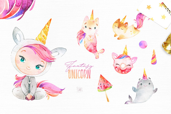Fantasy Watercolor Unicorn in Illustrations - product preview 3