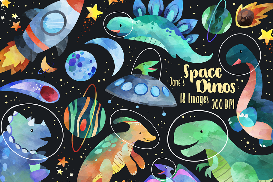 Watercolor Space Dinosaurs Clipart in Illustrations - product preview 8