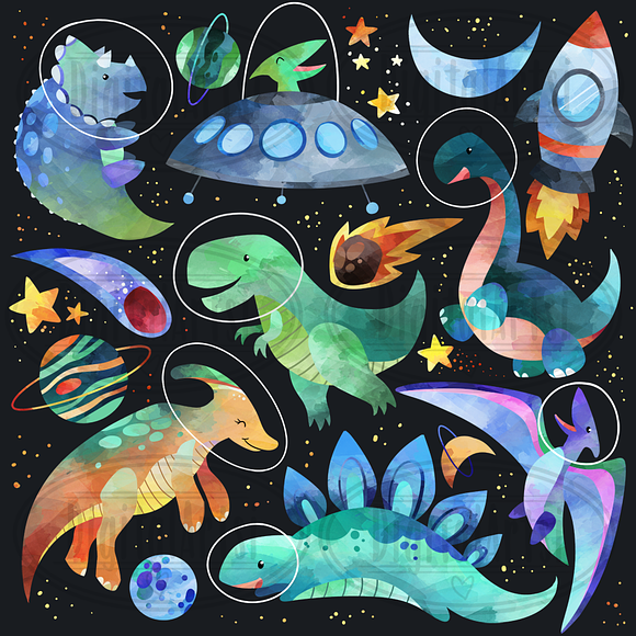 Watercolor Space Dinosaurs Clipart in Illustrations - product preview 1