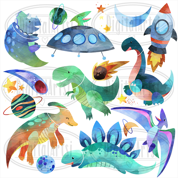 Watercolor Space Dinosaurs Clipart in Illustrations - product preview 2