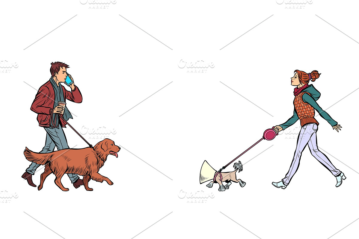 man and woman walking with dogs in Illustrations - product preview 8