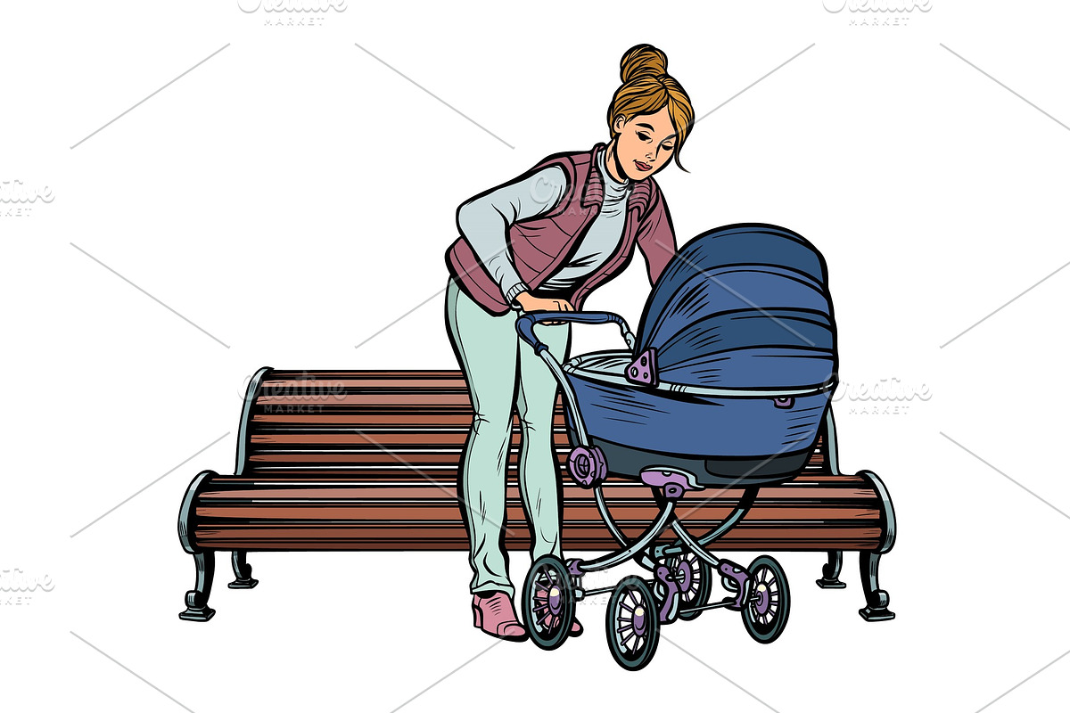 young mother with a baby carriage in Illustrations - product preview 8
