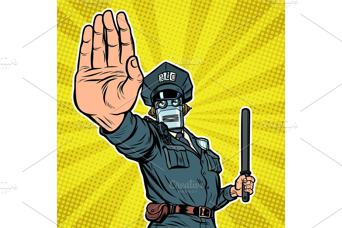 Stop hand gesture. Robot policeman in Illustrations - product preview 8