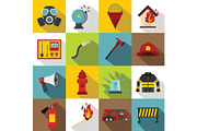 Fireman tools icons set, flat style