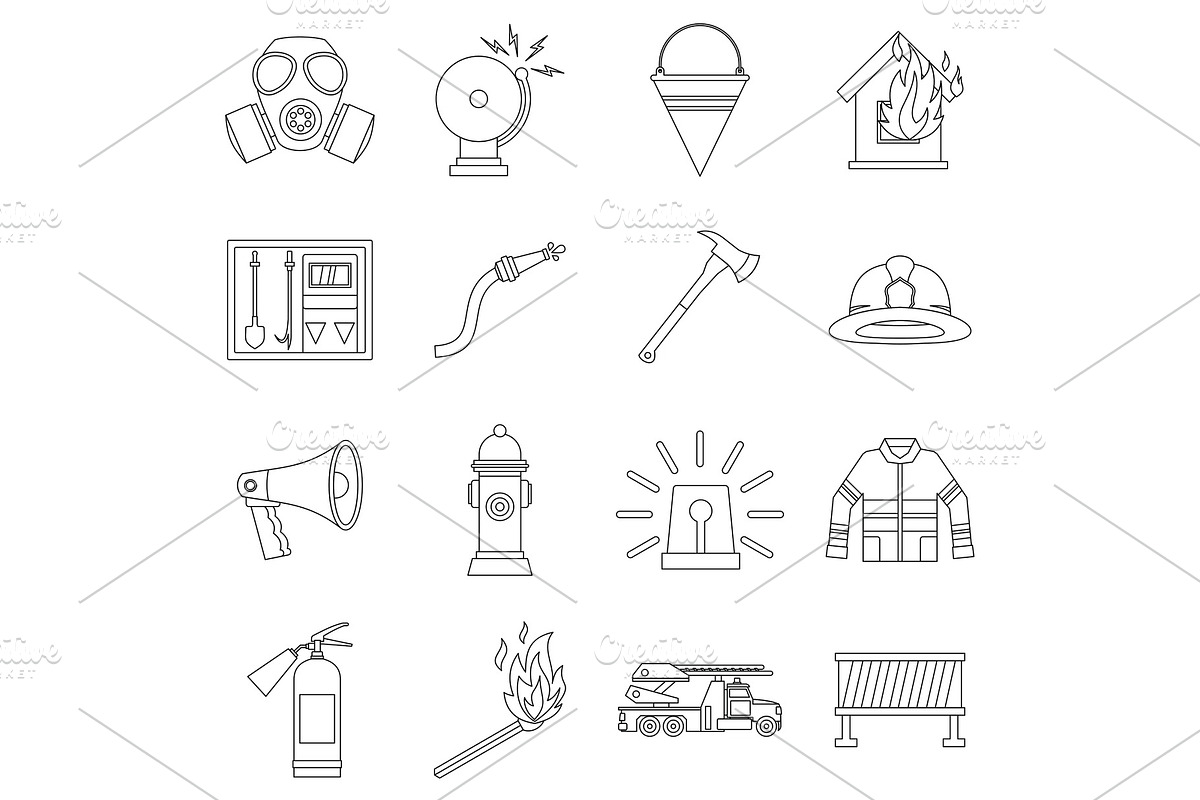 Fireman tools icons set, outline in Illustrations - product preview 8