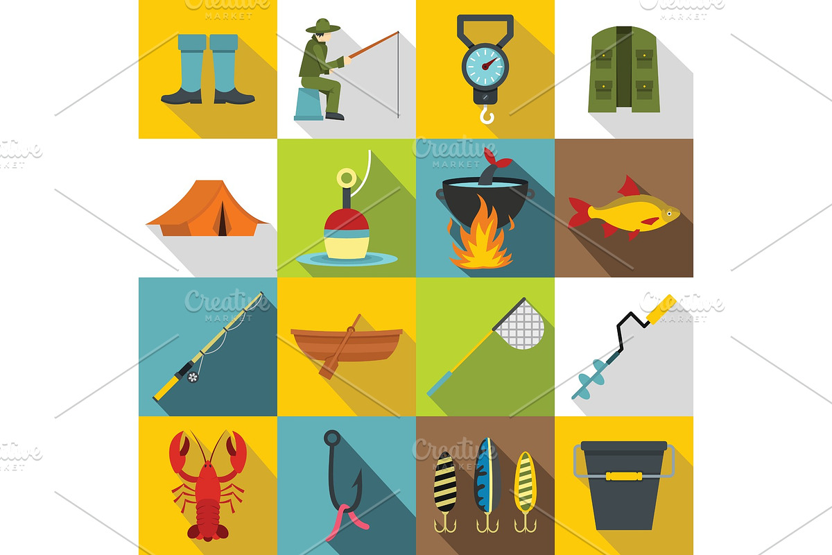 Fishing tools icons set, flat style in Illustrations - product preview 8