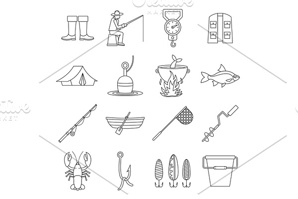 Fishing tools icons set, outline