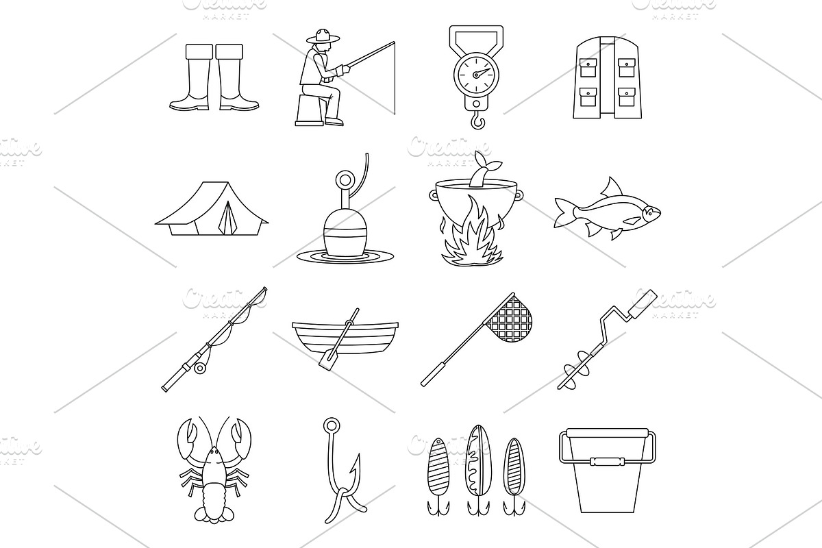 Fishing tools icons set, outline in Illustrations - product preview 8