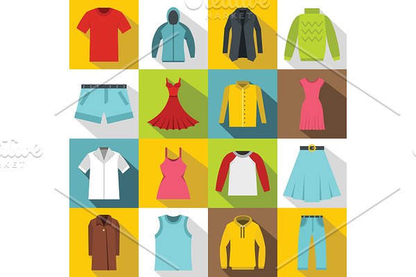 Different clothes icons set, flat