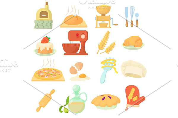 Bakery icons set, cartoon style