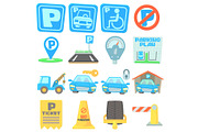 Parking icons set, cartoon style