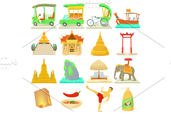 Thailand travel icons set, cartoon